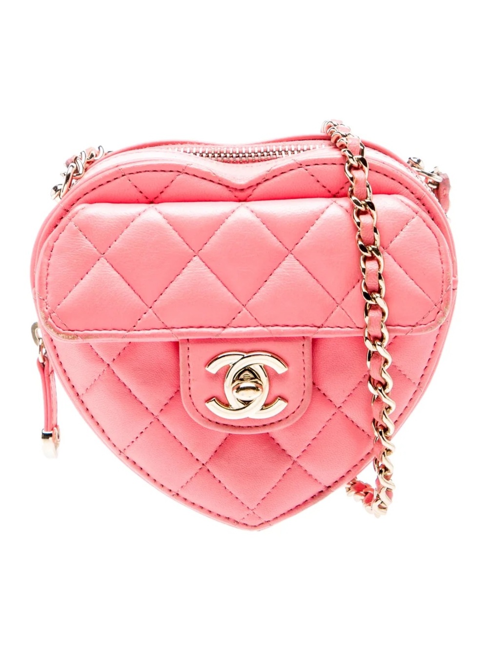 CHANEL Coral Pink Quilted Heart Crossbody with Gold Chain